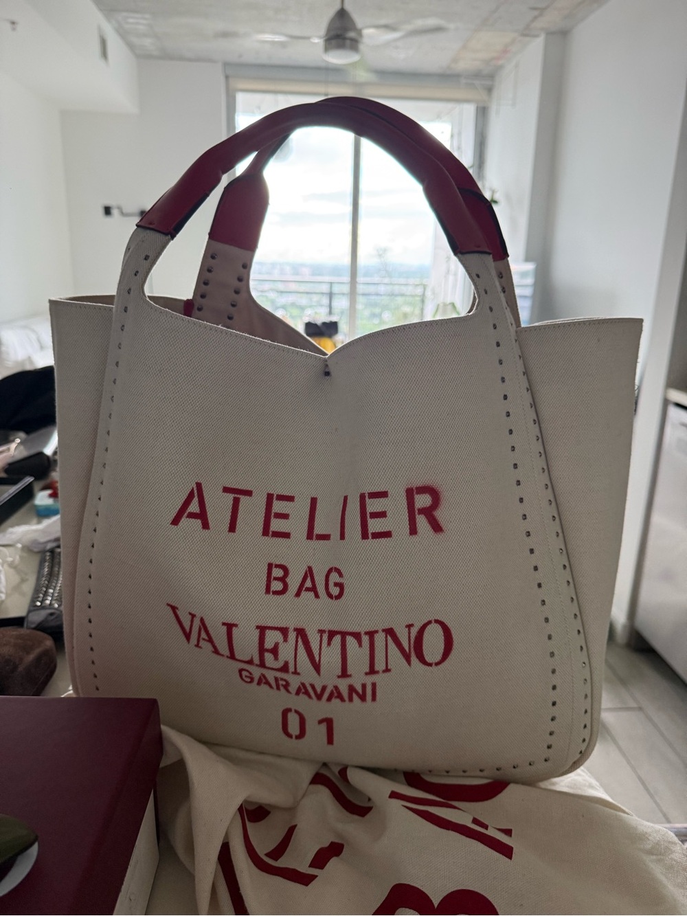Valentino Garavani White Canvas Tote with Red Accents